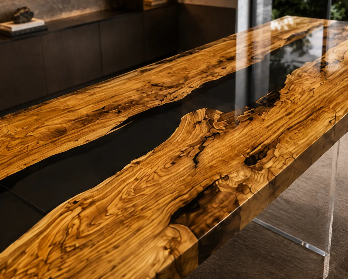 Golden Glass Crystal Clear Epoxy Italian Olive Wood Office Desk OD36