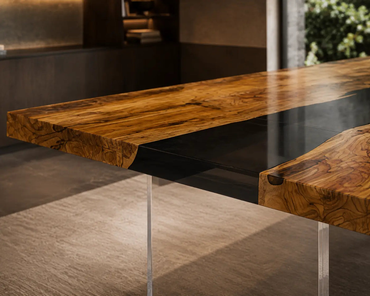 Golden Glass Crystal Clear Epoxy Italian Olive Wood Office Desk OD36
