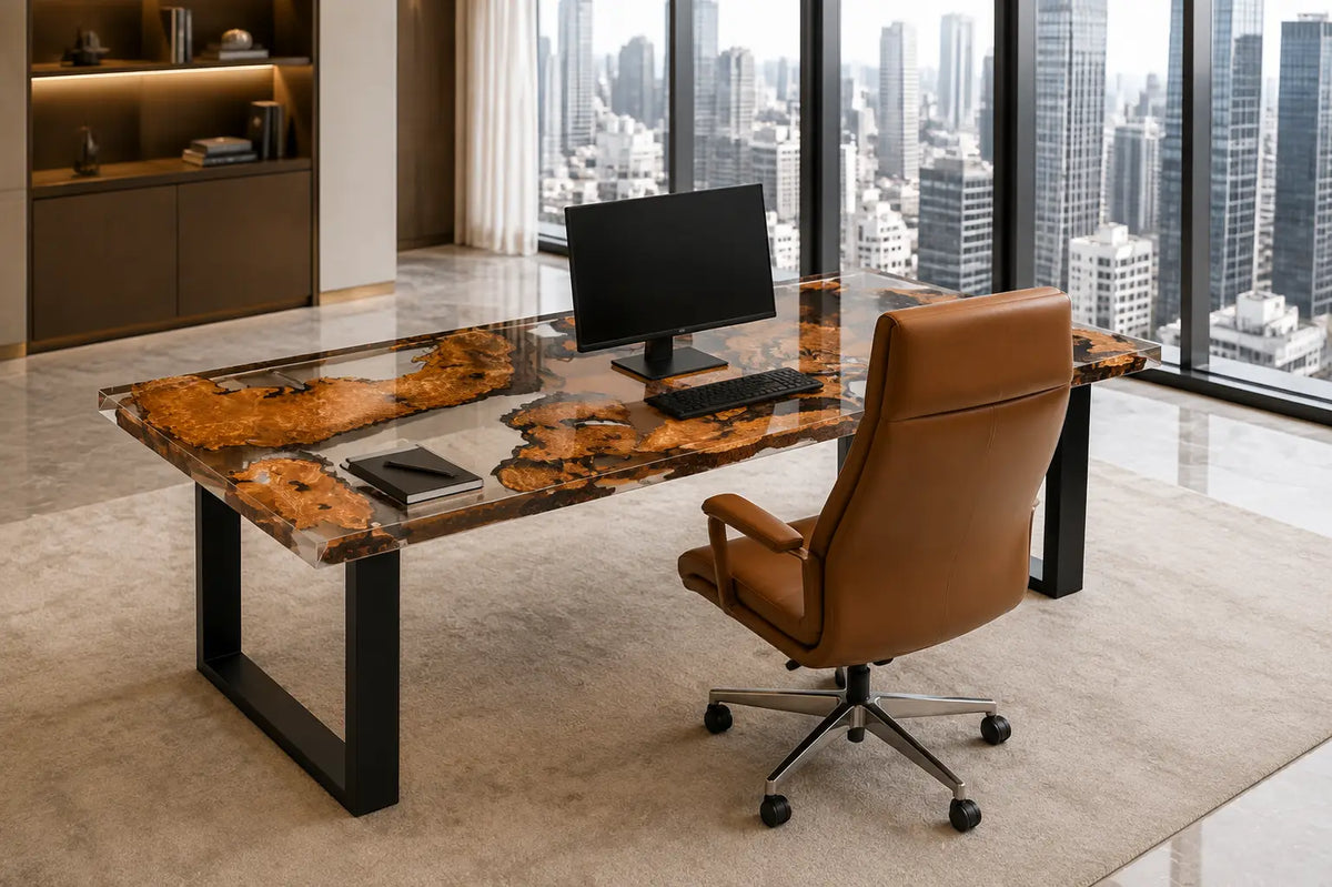 Crystal Isles crystal clear epoxy cedar burl office desk OD37