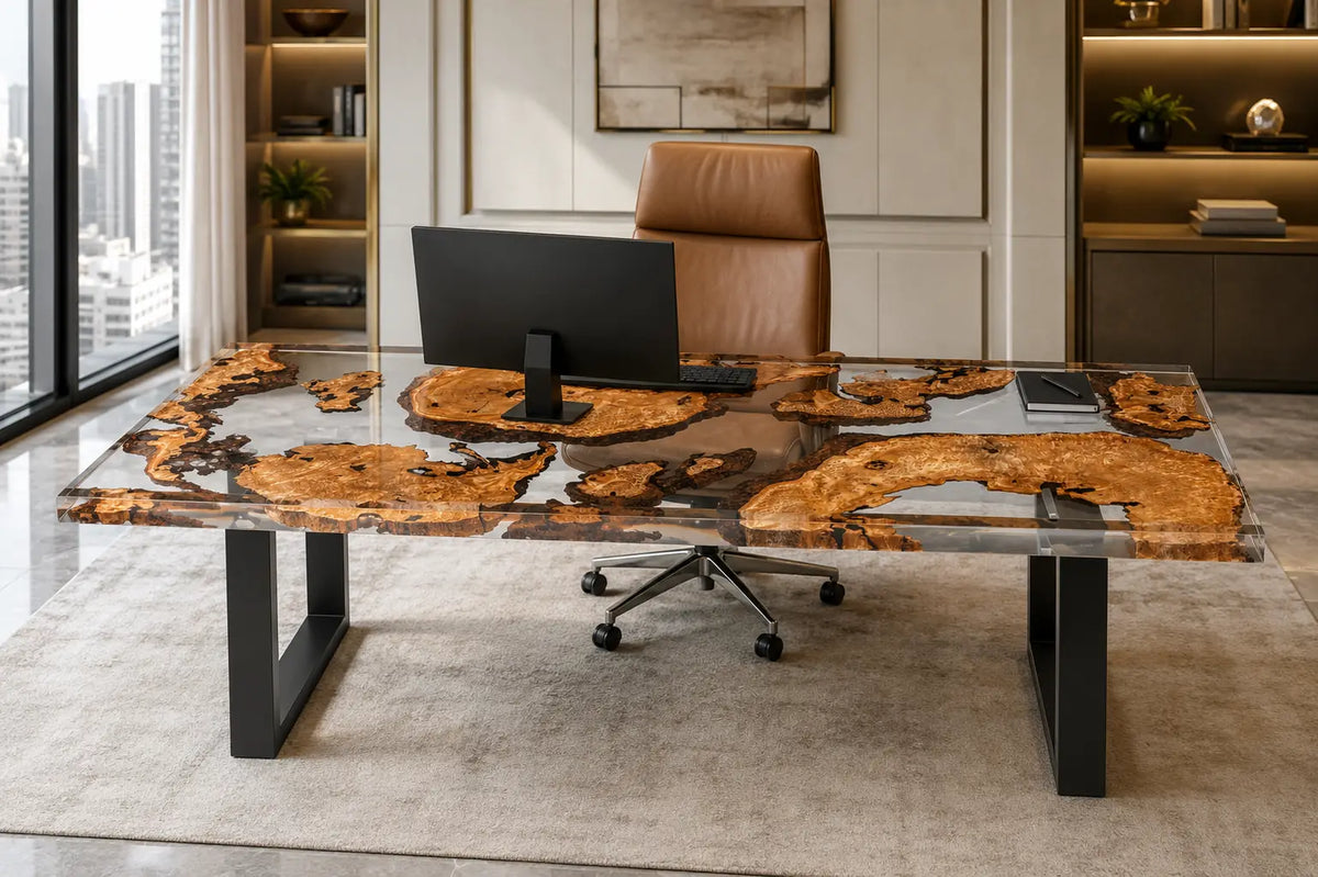 Crystal Isles Crystal Clear Epoxy Cedar Burl Office Desk OD37