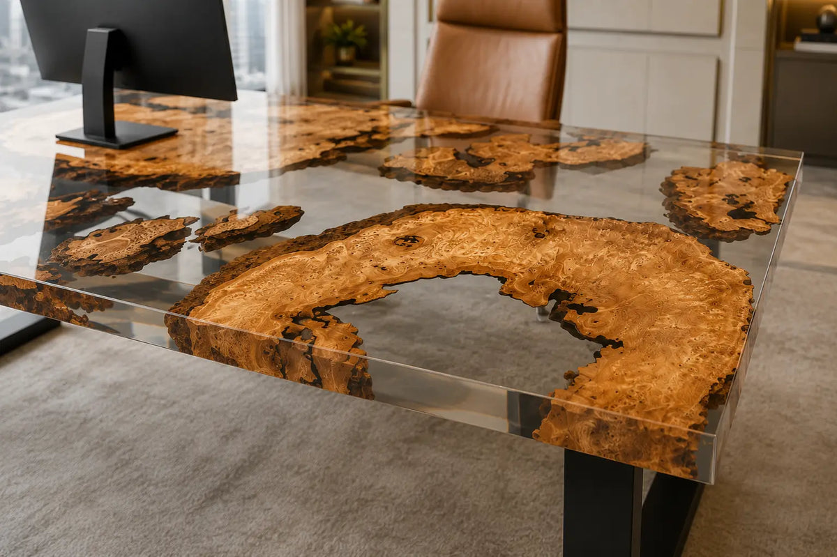 Crystal Isles Crystal Clear Epoxy Cedar Burl Office Desk OD37