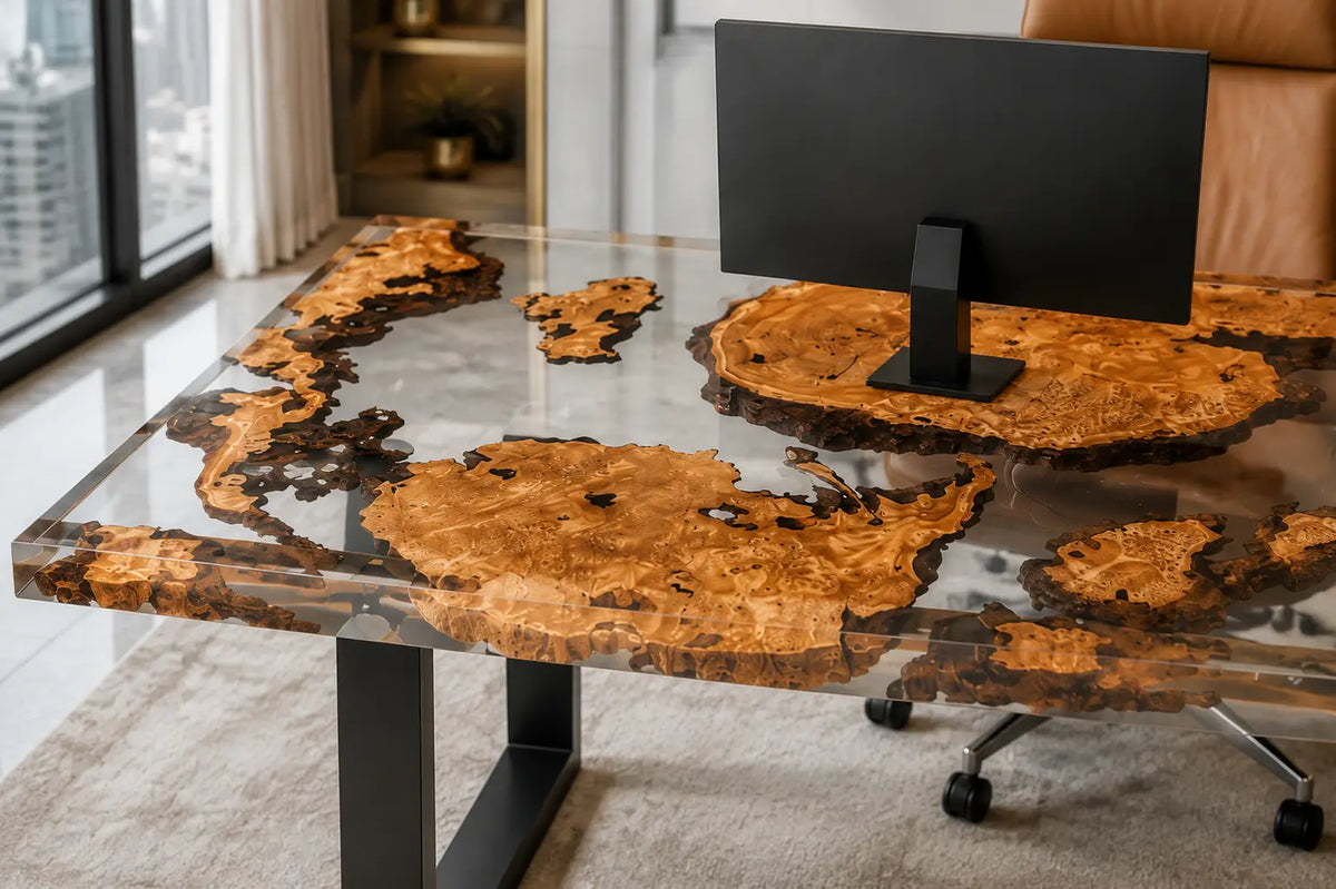 Crystal Isles Crystal Clear Epoxy Cedar Burl Office Desk OD37