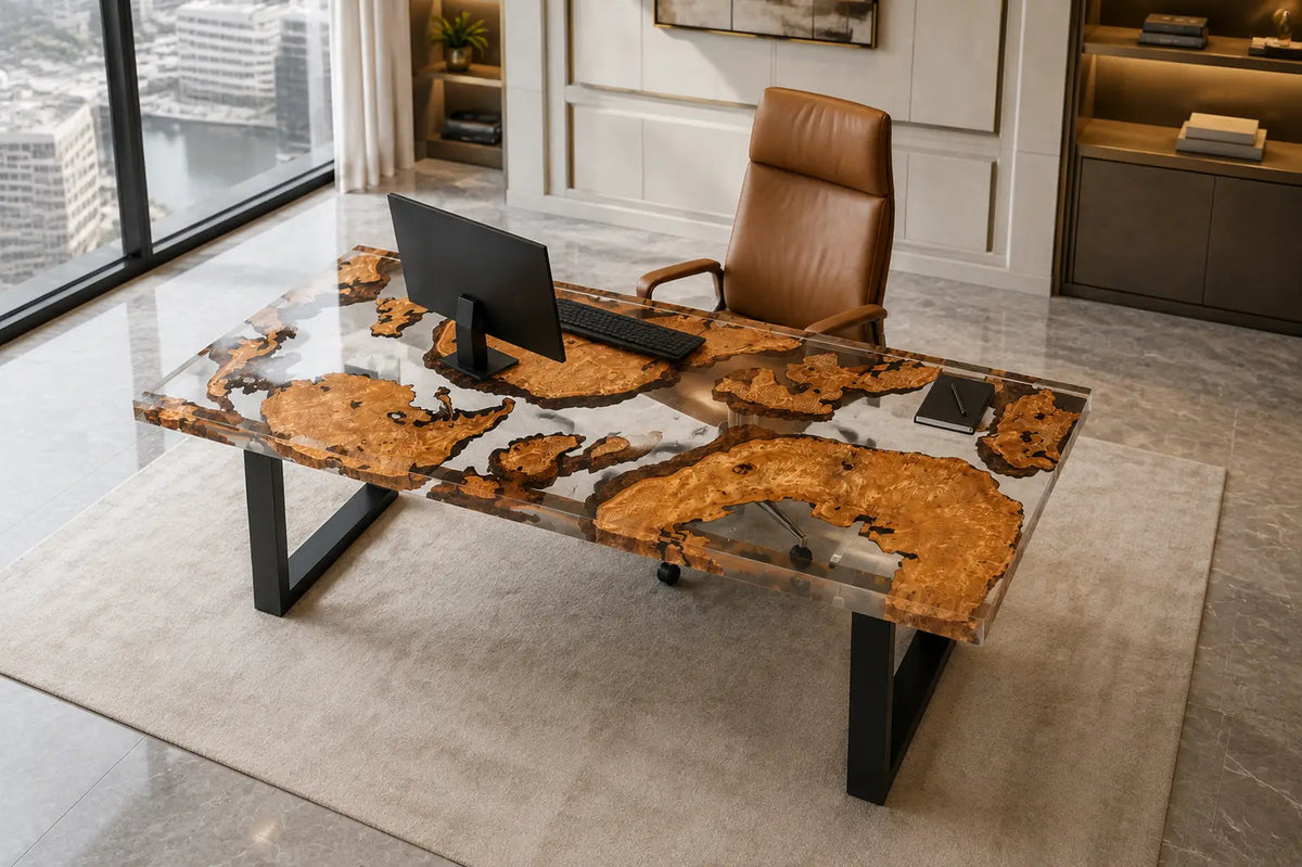 Crystal Isles Crystal Clear Epoxy Cedar Burl Office Desk OD37
