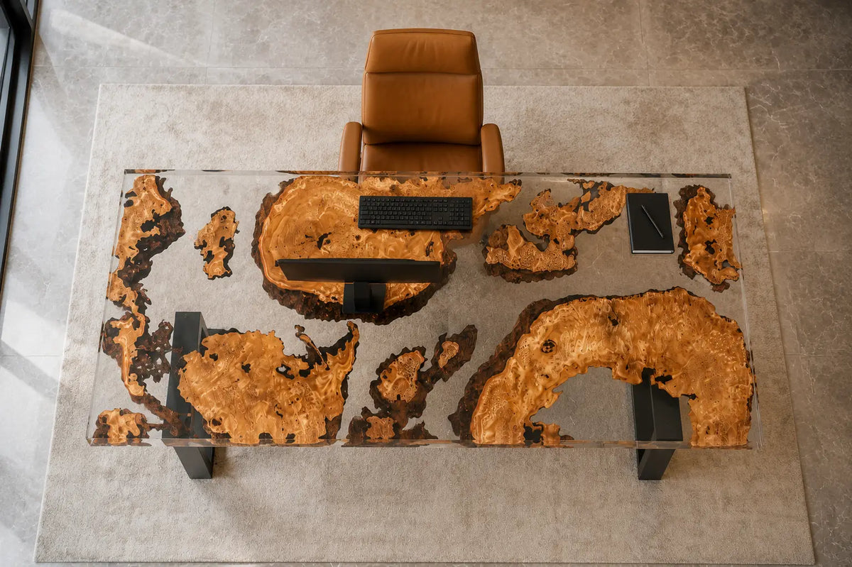 Crystal Isles Crystal Clear Epoxy Cedar Burl Office Desk OD37