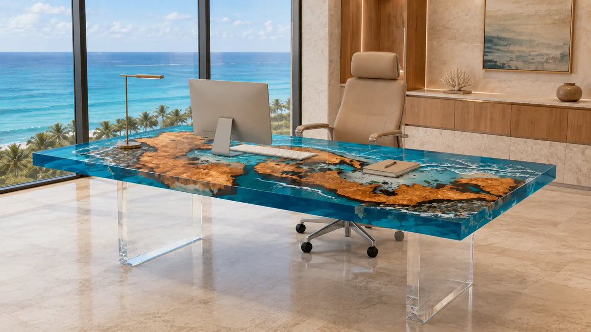 Pacific Atlas ocean blue with white surf epoxy ocean cedar burl office desk OD38
