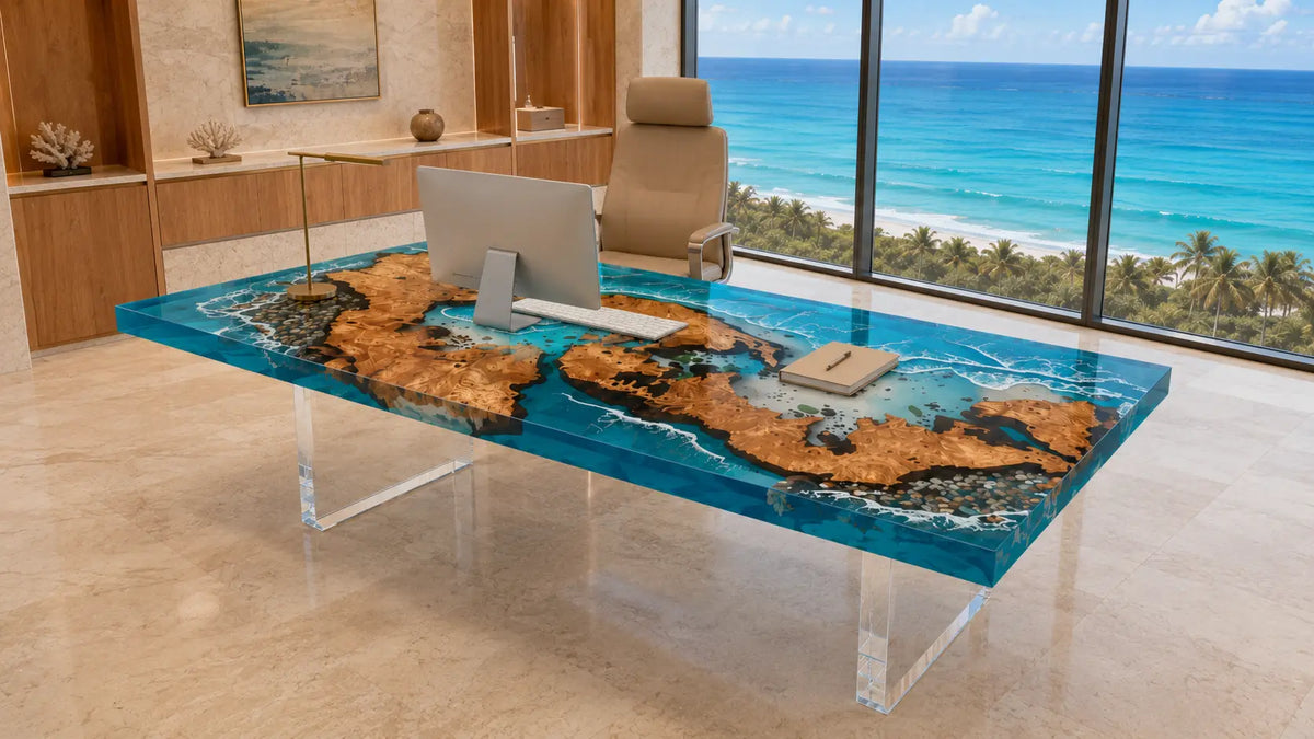 Pacific Atlas Ocean Blue with White Surf Epoxy Ocean Cedar Burl Office Desk OD38