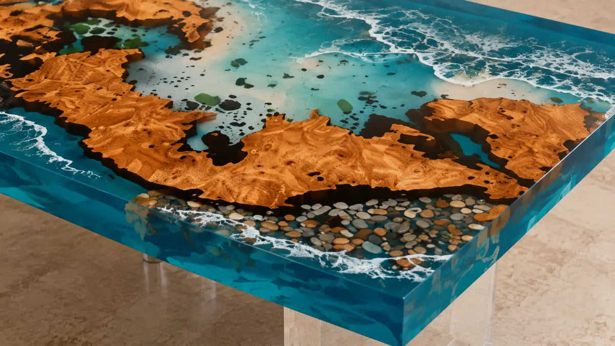 Pacific Atlas Ocean Blue with White Surf Epoxy Ocean Cedar Burl Office Desk OD38