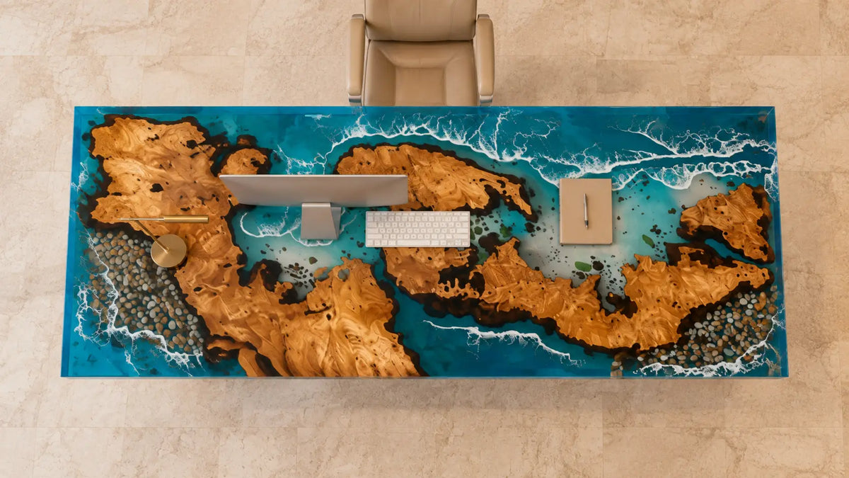 Pacific Atlas Ocean Blue with White Surf Epoxy Ocean Cedar Burl Office Desk OD38