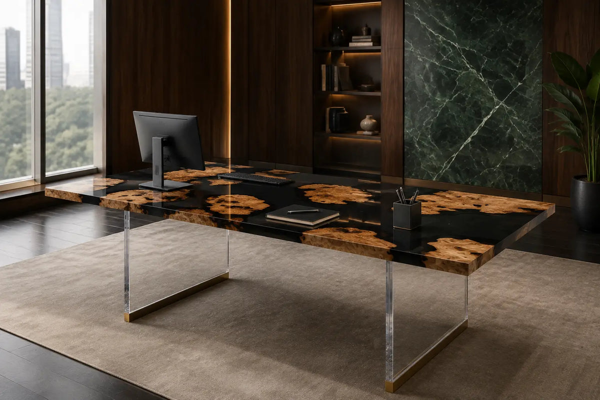 Noir Islands pure black epoxy cedar burl office desk OD39