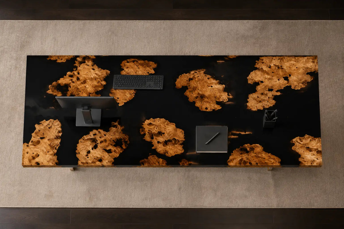 Noir Islands Pure Black Epoxy Cedar Burl Office Desk OD39