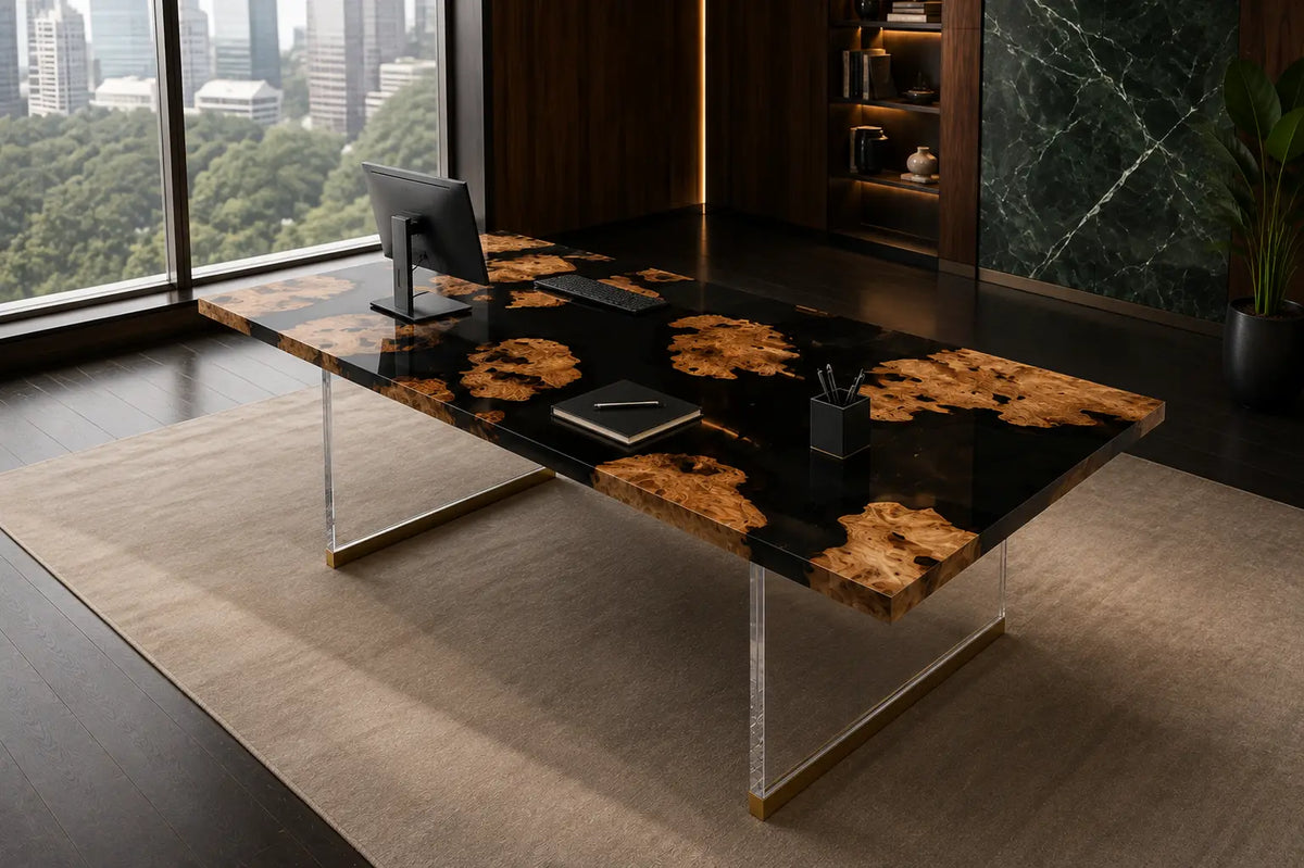Noir Islands Pure Black Epoxy Cedar Burl Office Desk OD39