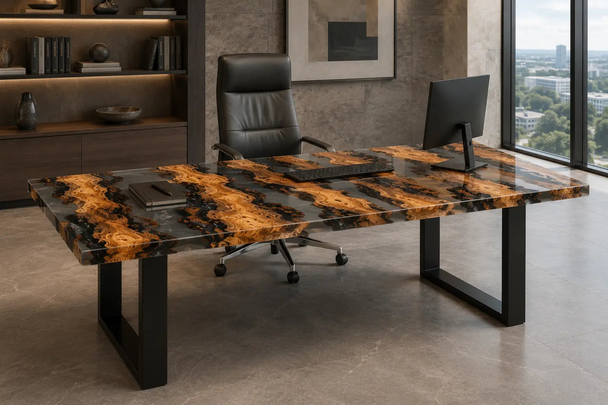 Ember Strata smoky black epoxy cedar burl office desk OD40