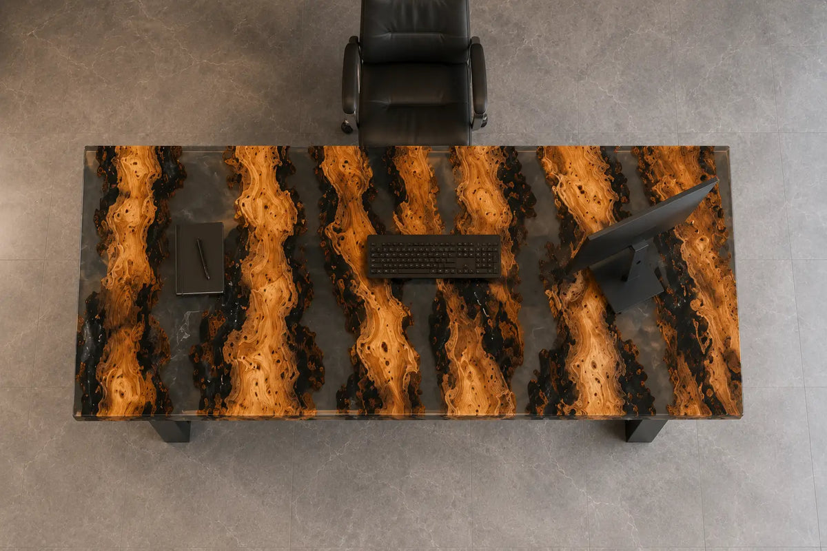 Ember Strata Smoky Black Epoxy Cedar Burl Office Desk OD40