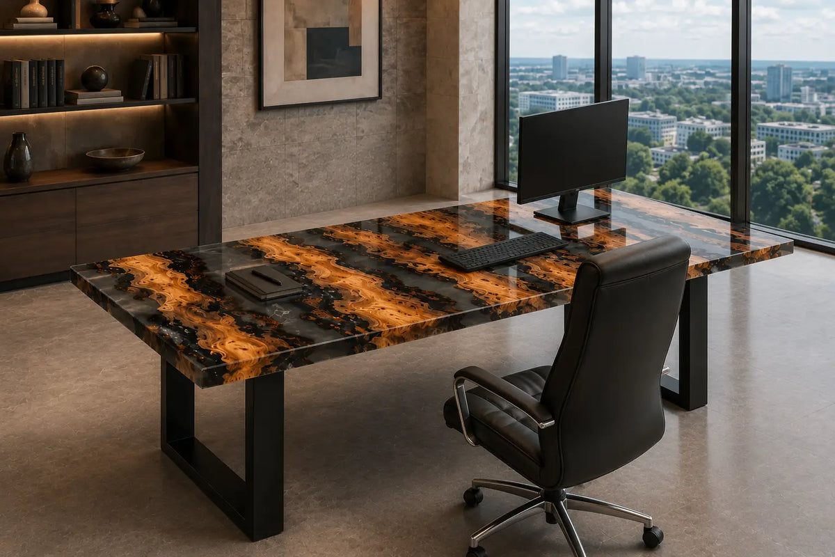 Ember Strata Smoky Black Epoxy Cedar Burl Office Desk OD40