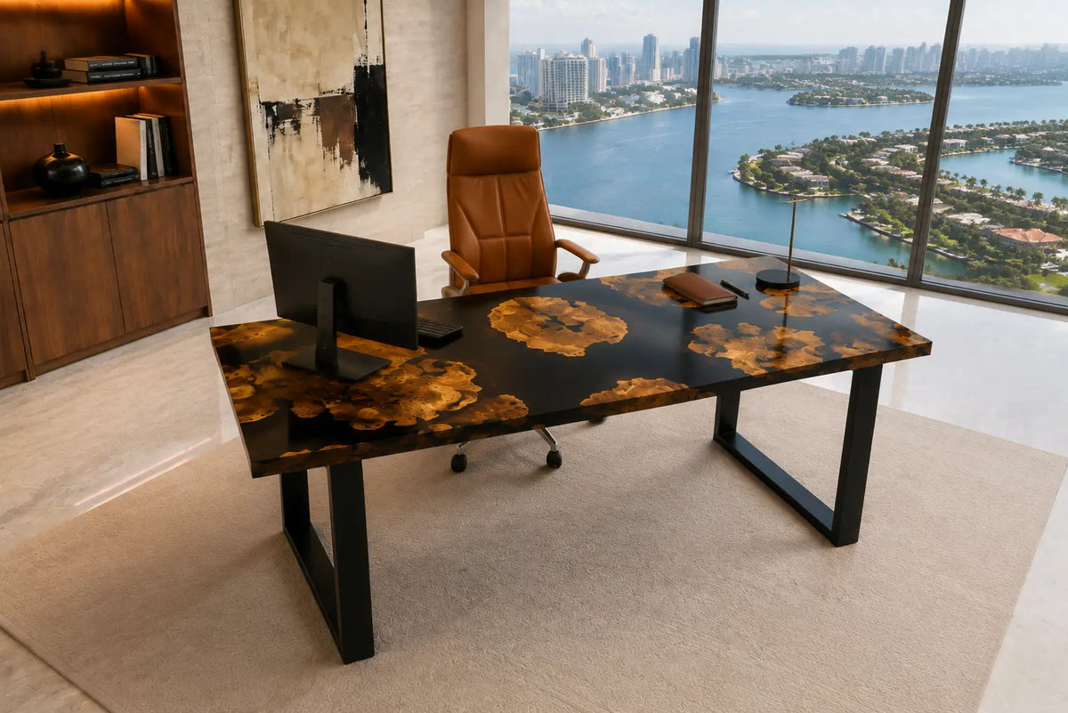 Midnight Scatter pure black epoxy cedar burl office desk OD41