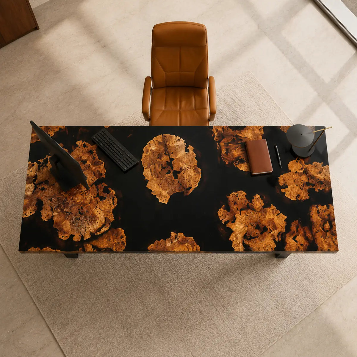 Midnight Scatter Pure Black Epoxy Cedar Burl Office Desk OD41