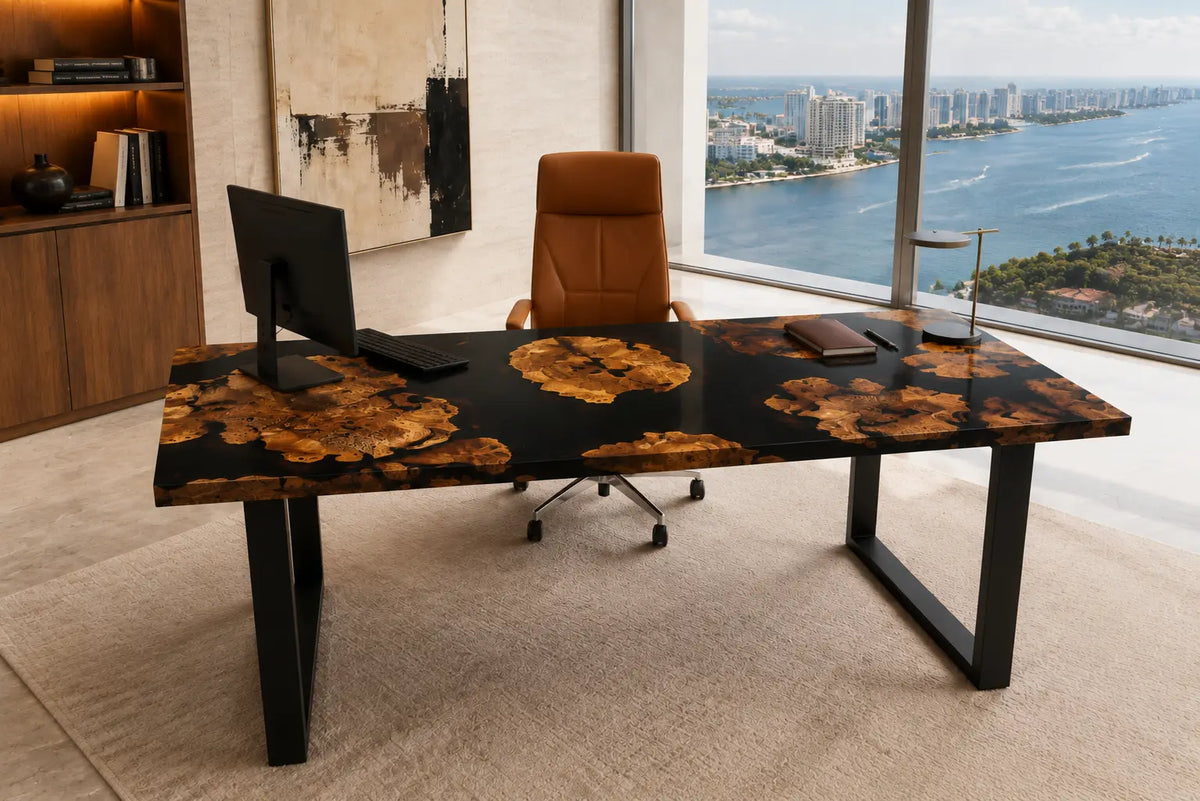 Midnight Scatter Pure Black Epoxy Cedar Burl Office Desk OD41