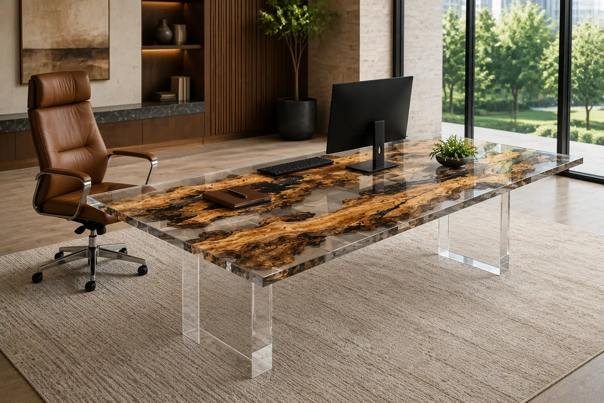 Crystal Reaches crystal clear epoxy cedar burl office desk OD42