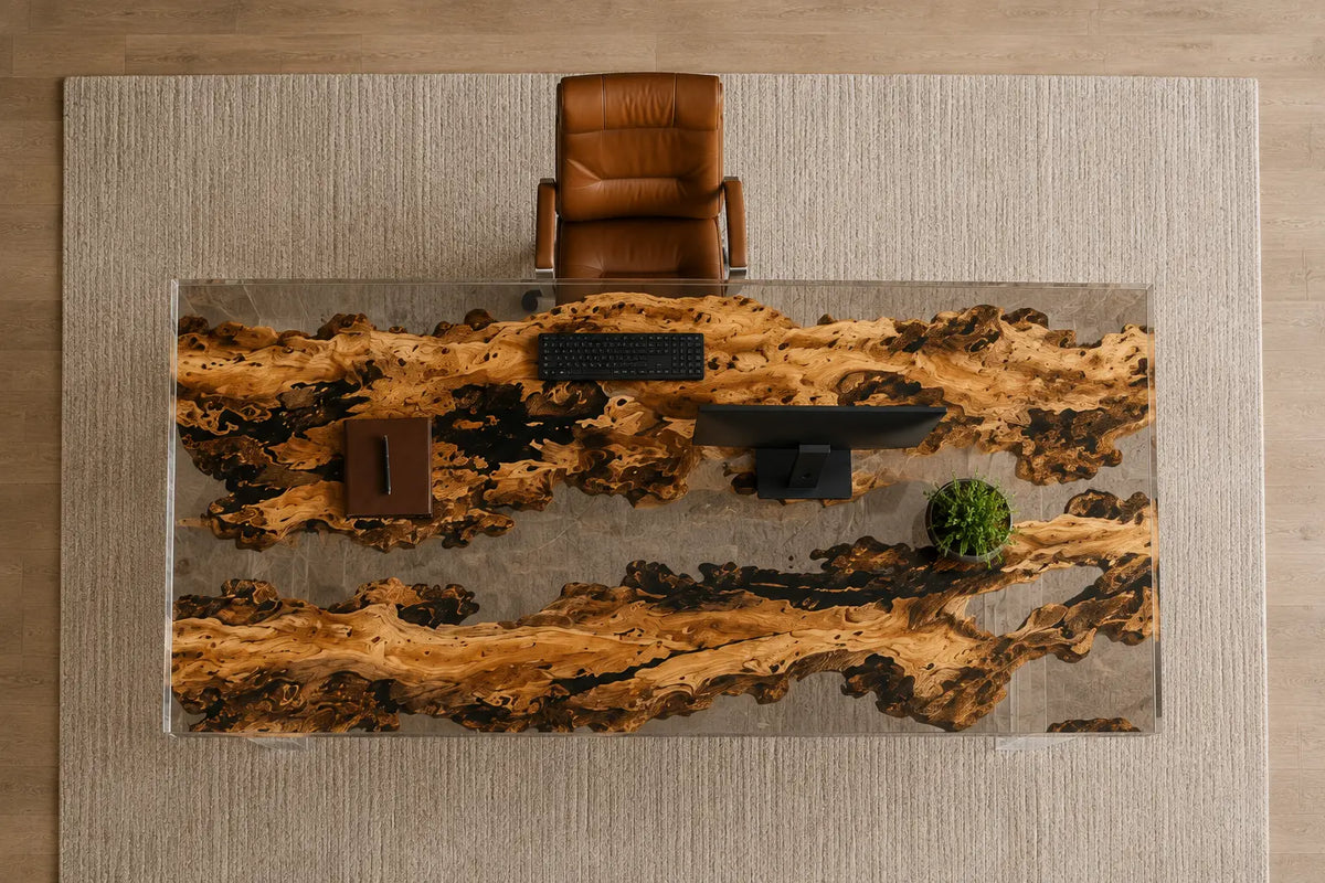 Crystal Reaches Crystal Clear Epoxy Cedar Burl Office Desk OD42