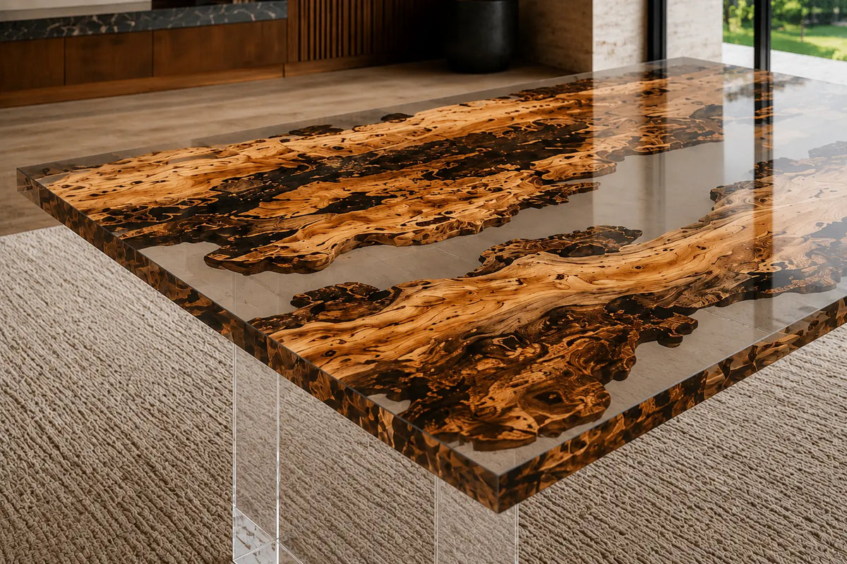 Crystal Reaches Crystal Clear Epoxy Cedar Burl Office Desk OD42