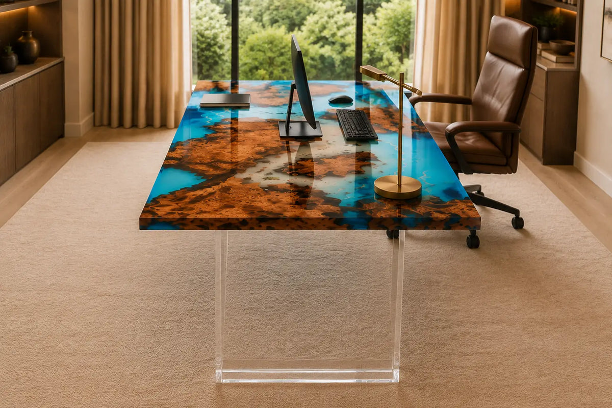 Blue Lagoon Isles ocean blue & crystal clear epoxy ocean cedar burl office desk OD43