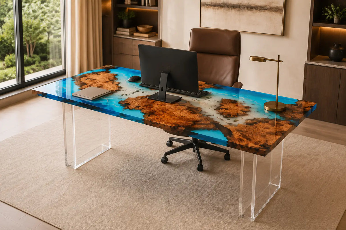 Blue Lagoon Isles Ocean Blue & Crystal Clear Epoxy Ocean Cedar Burl Office Desk OD43