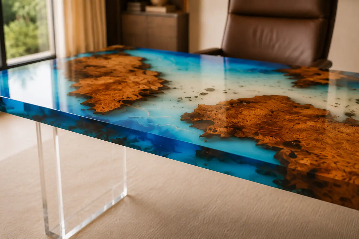 Blue Lagoon Isles Ocean Blue & Crystal Clear Epoxy Ocean Cedar Burl Office Desk OD43