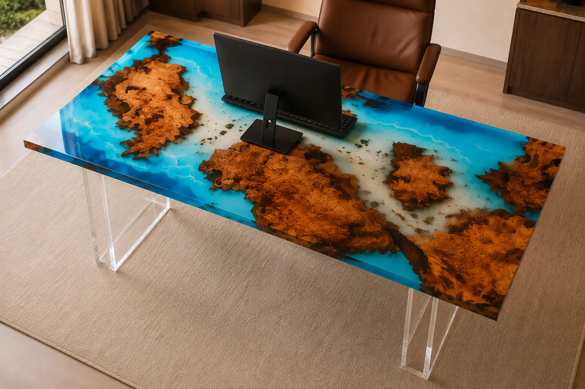 Blue Lagoon Isles Ocean Blue & Crystal Clear Epoxy Ocean Cedar Burl Office Desk OD43