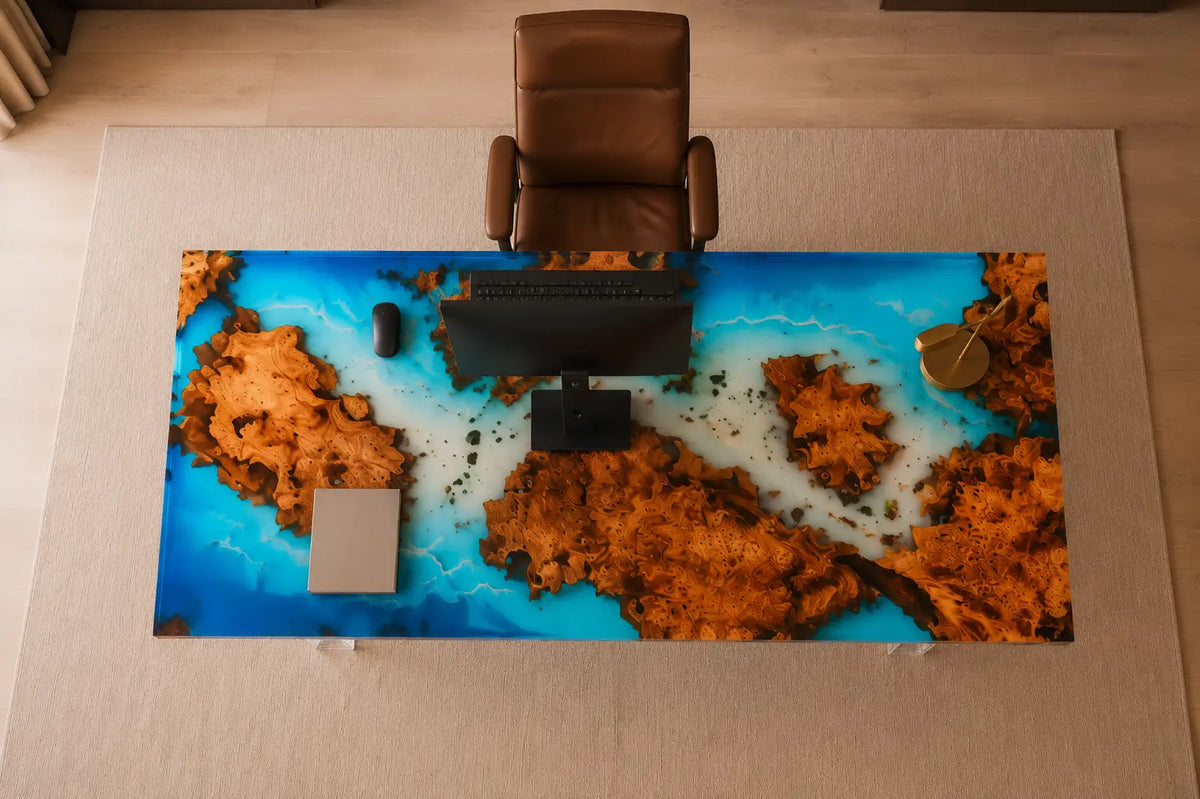 Blue Lagoon Isles Ocean Blue & Crystal Clear Epoxy Ocean Cedar Burl Office Desk OD43