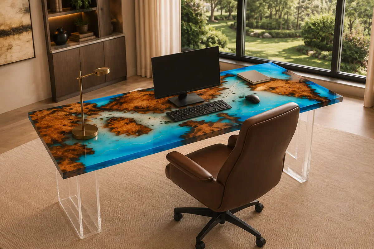 Blue Lagoon Isles Ocean Blue & Crystal Clear Epoxy Ocean Cedar Burl Office Desk OD43