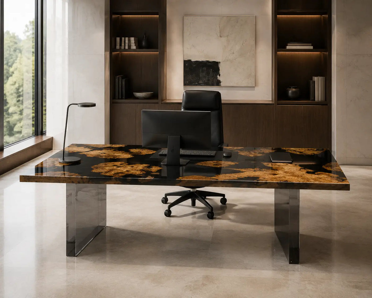 Onyx Canopy pure black epoxy cedar burl office desk OD44