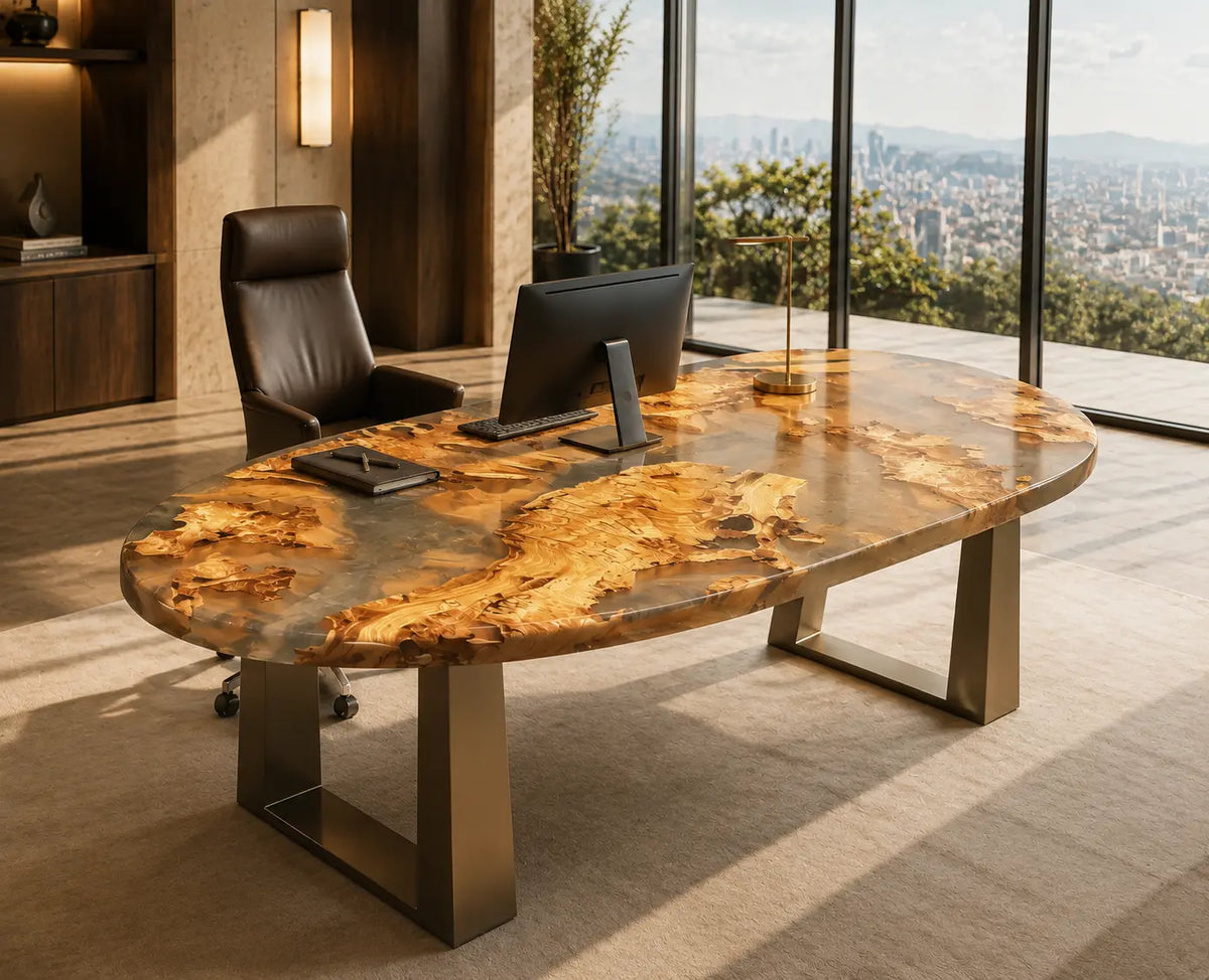 Amber Orbit crystal clear with warm wood glow epoxy cedar burl office desk OD45