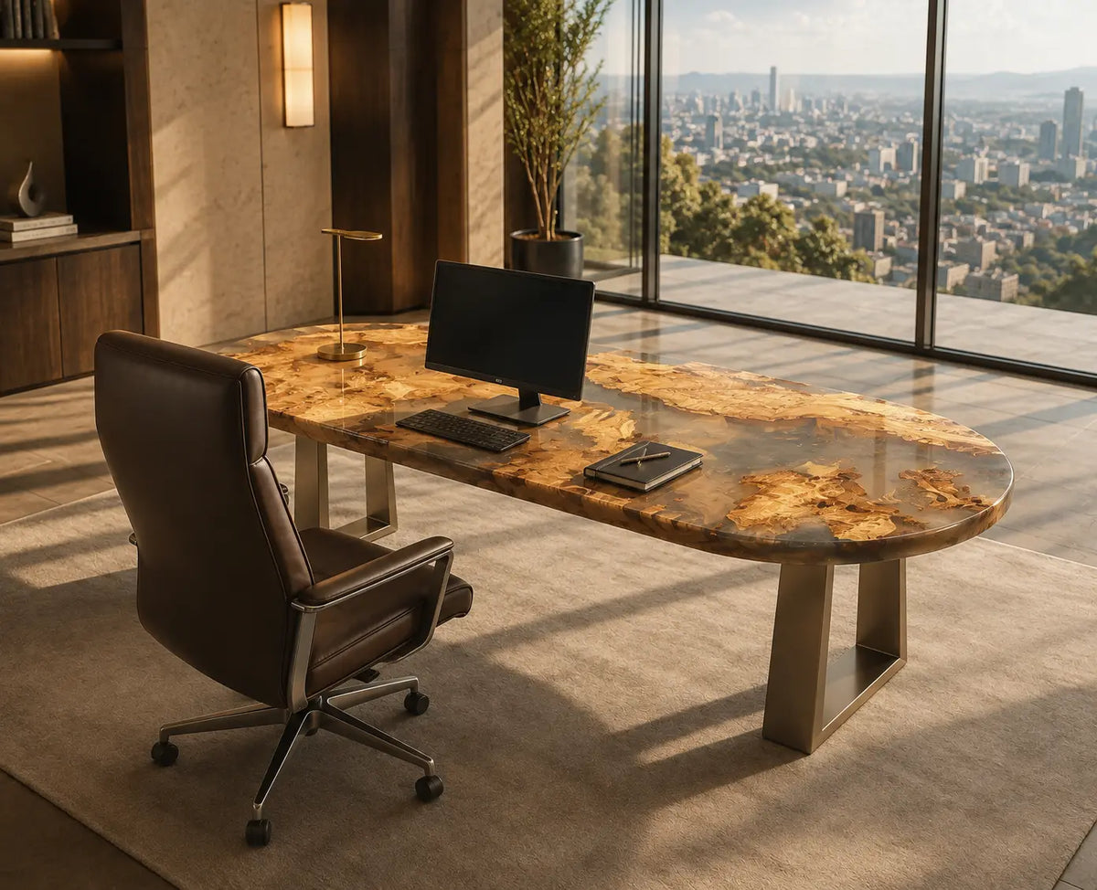 Amber Orbit Crystal Clear with Warm Wood Glow Epoxy Cedar Burl Office Desk OD45
