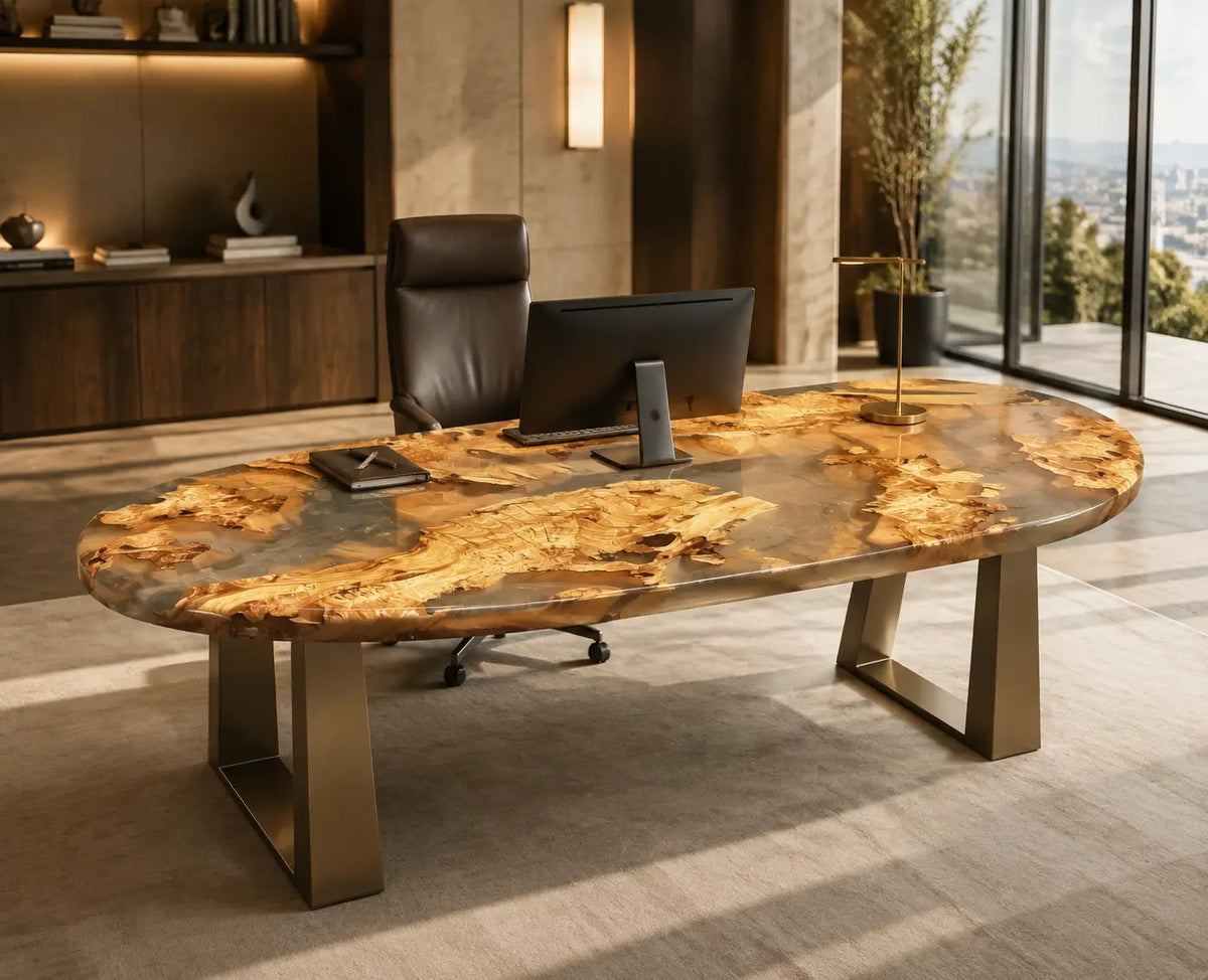 Amber Orbit Crystal Clear with Warm Wood Glow Epoxy Cedar Burl Office Desk OD45