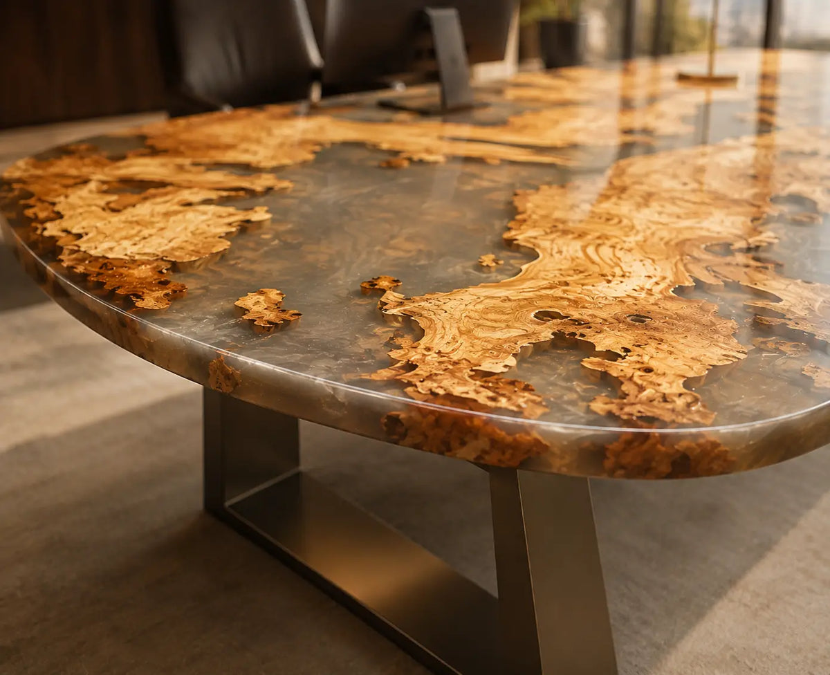 Amber Orbit Crystal Clear with Warm Wood Glow Epoxy Cedar Burl Office Desk OD45