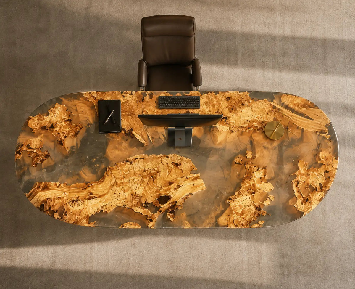 Amber Orbit Crystal Clear with Warm Wood Glow Epoxy Cedar Burl Office Desk OD45