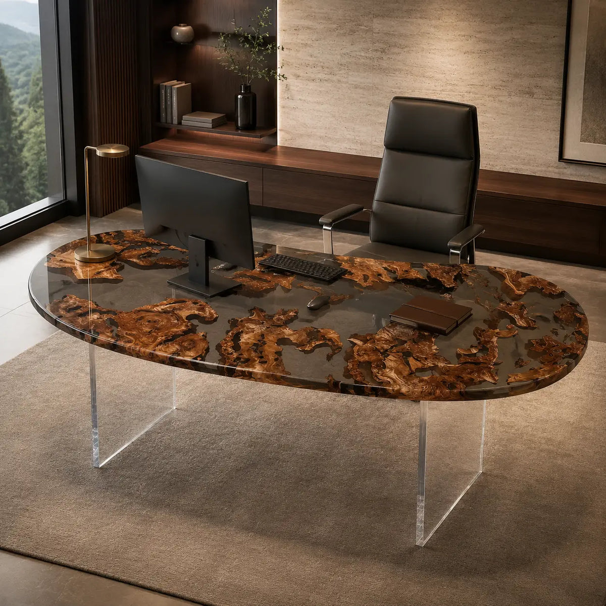 Smoke Archipelago smoky transparent gray epoxy cedar burl office desk OD46