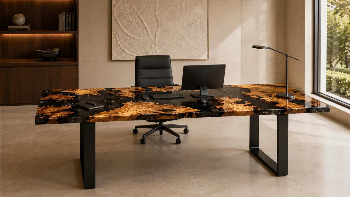 Obsidian Grove pure black epoxy cedar burl office desk OD47