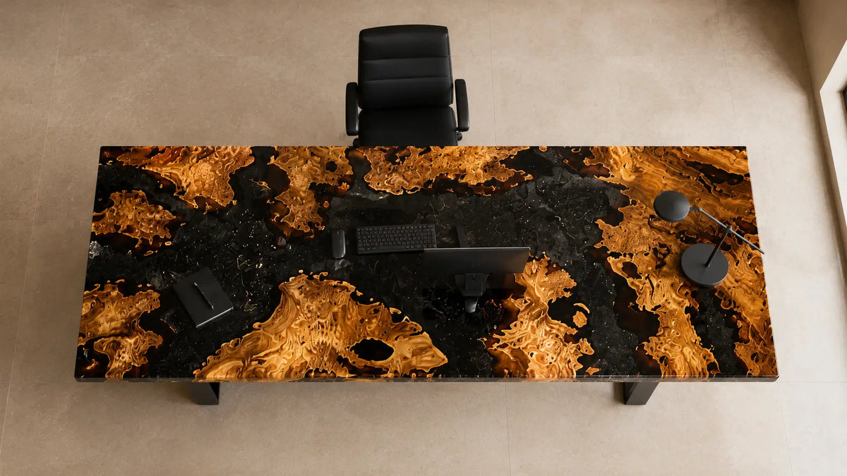 Obsidian Grove Pure Black Epoxy Cedar Burl Office Desk OD47