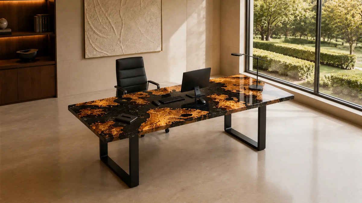 Obsidian Grove Pure Black Epoxy Cedar Burl Office Desk OD47