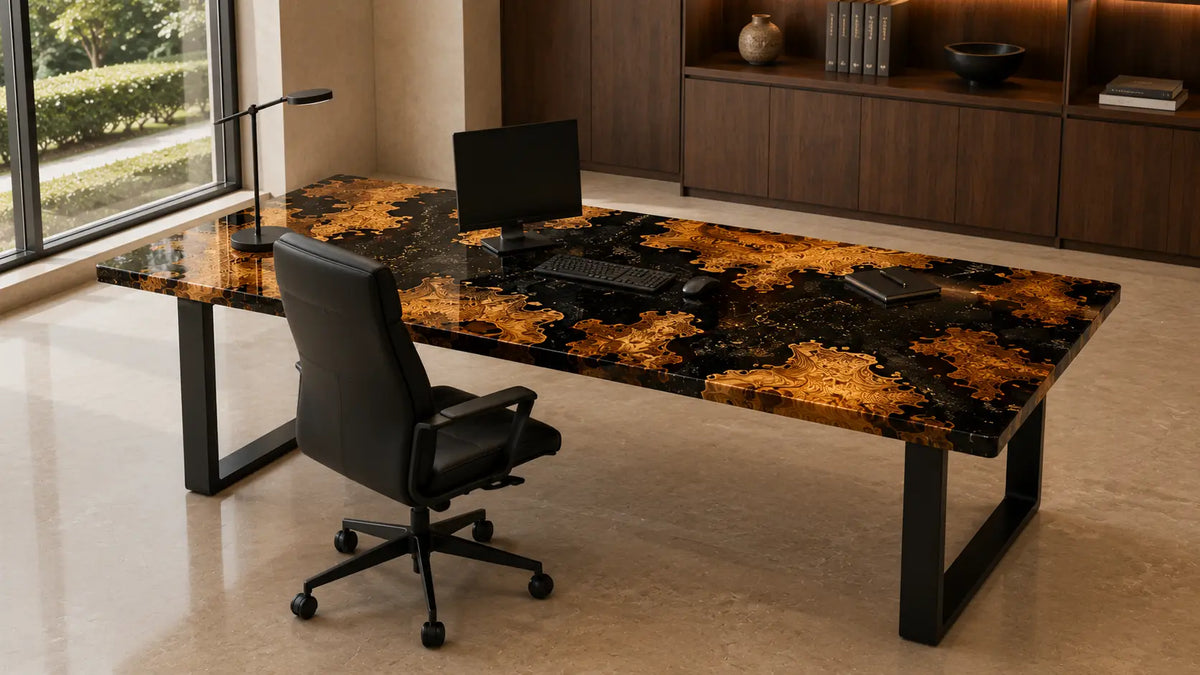 Obsidian Grove Pure Black Epoxy Cedar Burl Office Desk OD47