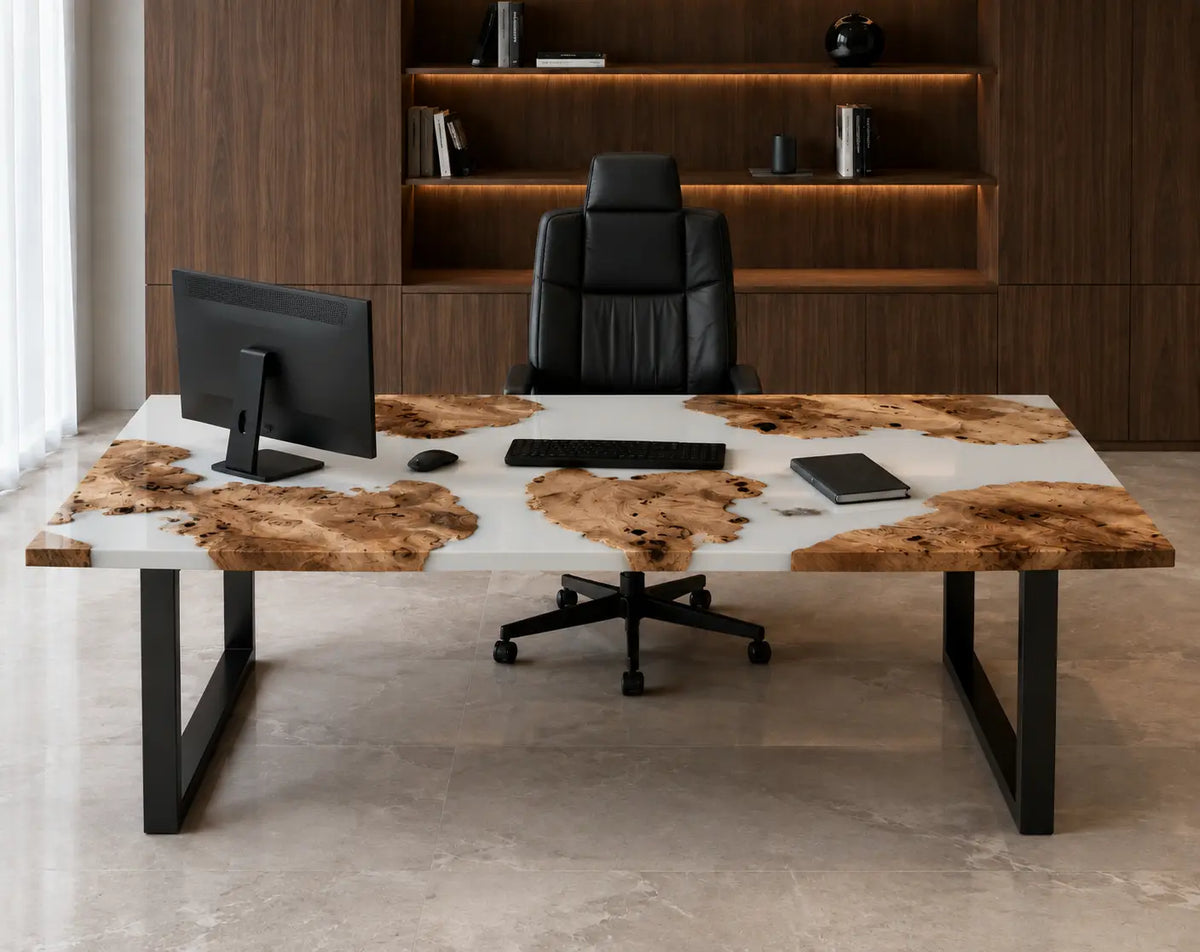 Pearl Drift pearlescent white epoxy cedar burl office desk OD48