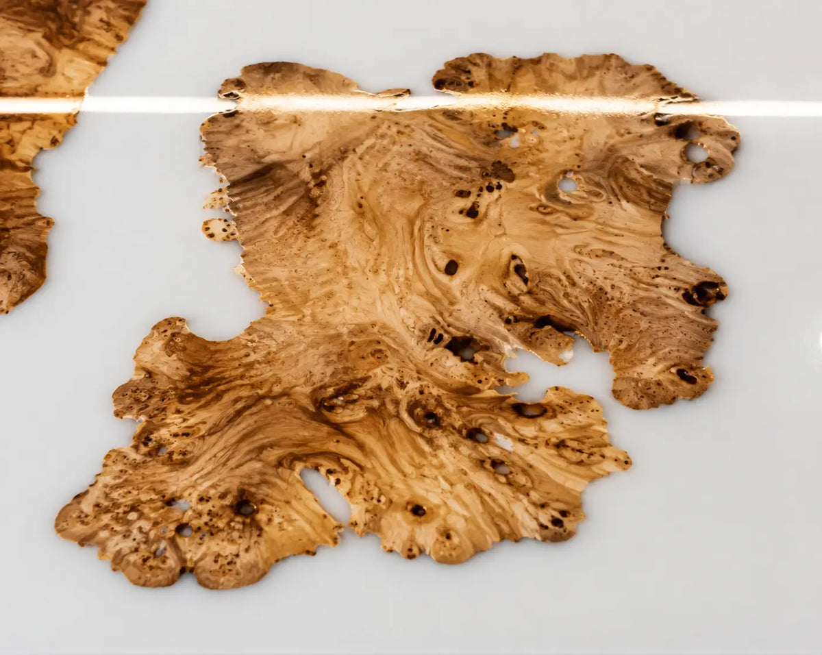 Pearl Drift Pearlescent White Epoxy Cedar Burl Office Desk OD48