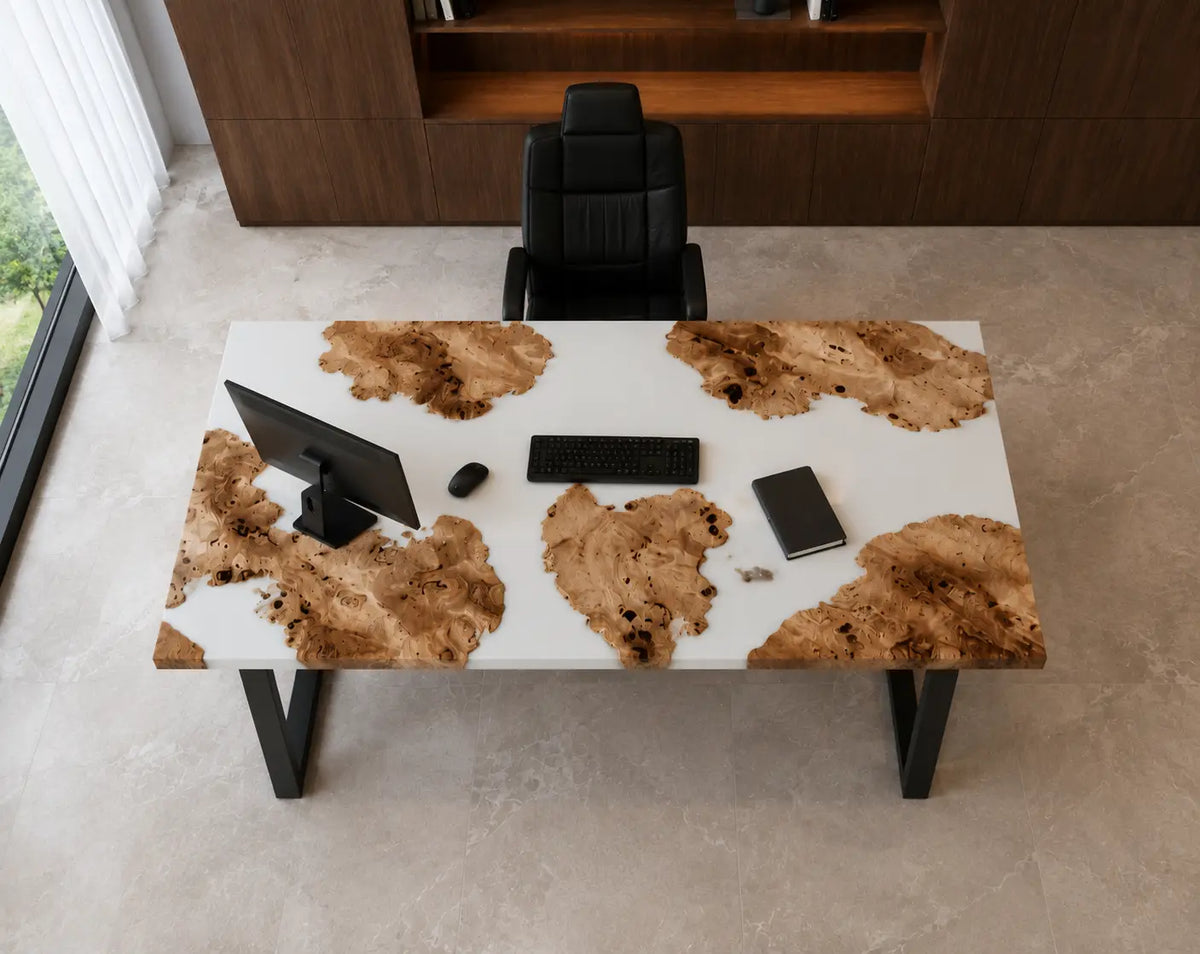 Pearl Drift Pearlescent White Epoxy Cedar Burl Office Desk OD48