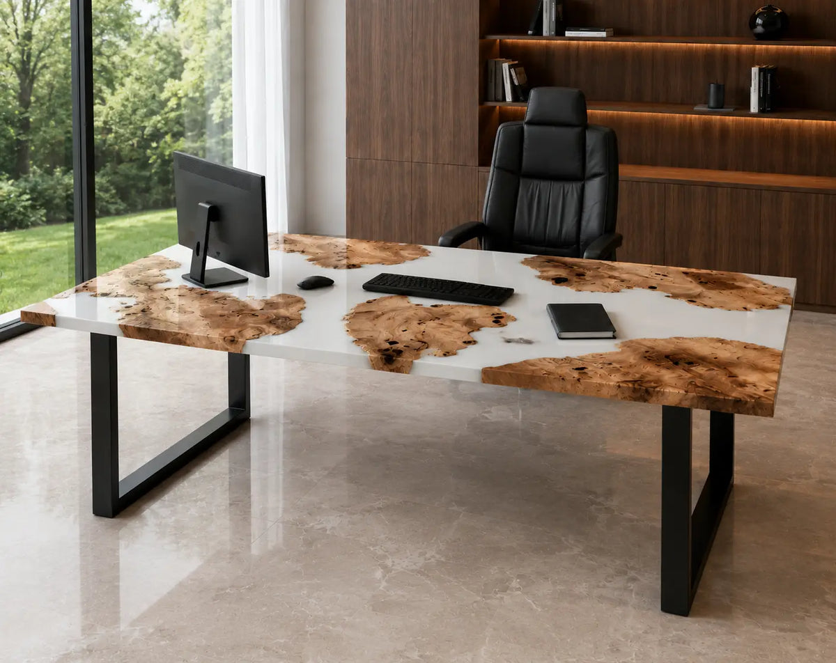 Pearl Drift Pearlescent White Epoxy Cedar Burl Office Desk OD48