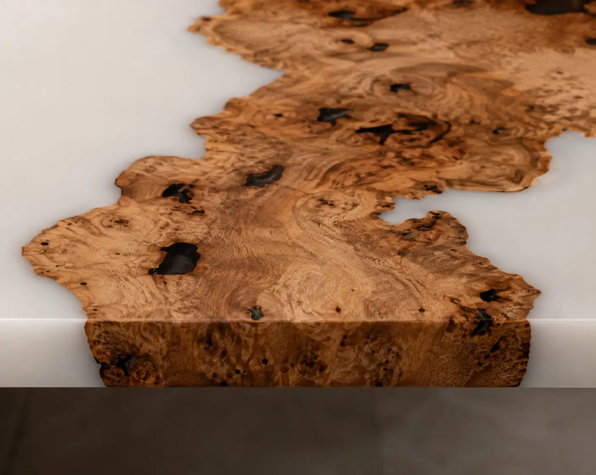 Pearl Drift Pearlescent White Epoxy Cedar Burl Office Desk OD48