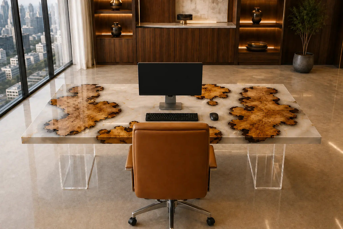 Crystal Meadow crystal clear epoxy cedar burl office desk OD49