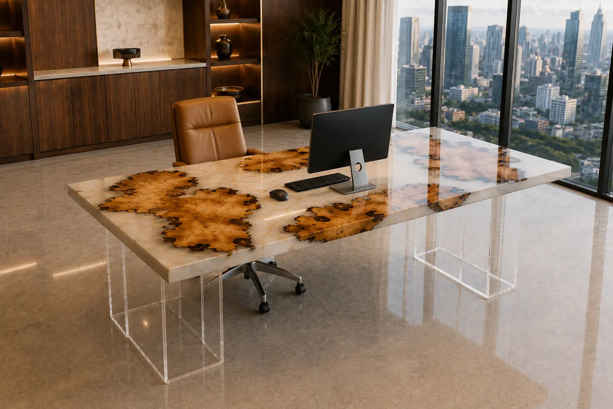 Crystal Meadow Crystal Clear Epoxy Cedar Burl Office Desk OD49