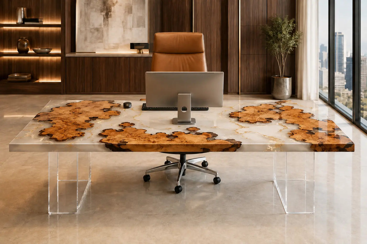 Crystal Meadow Crystal Clear Epoxy Cedar Burl Office Desk OD49