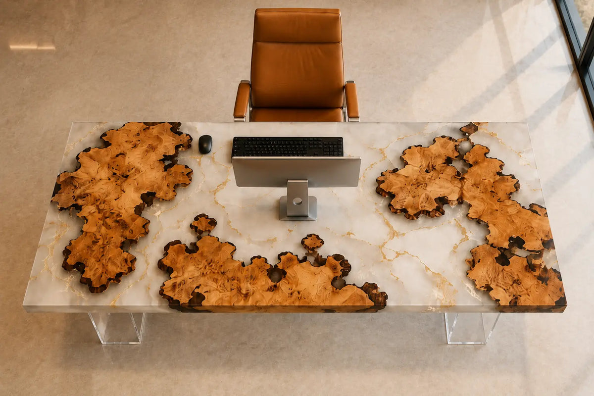 Crystal Meadow Crystal Clear Epoxy Cedar Burl Office Desk OD49